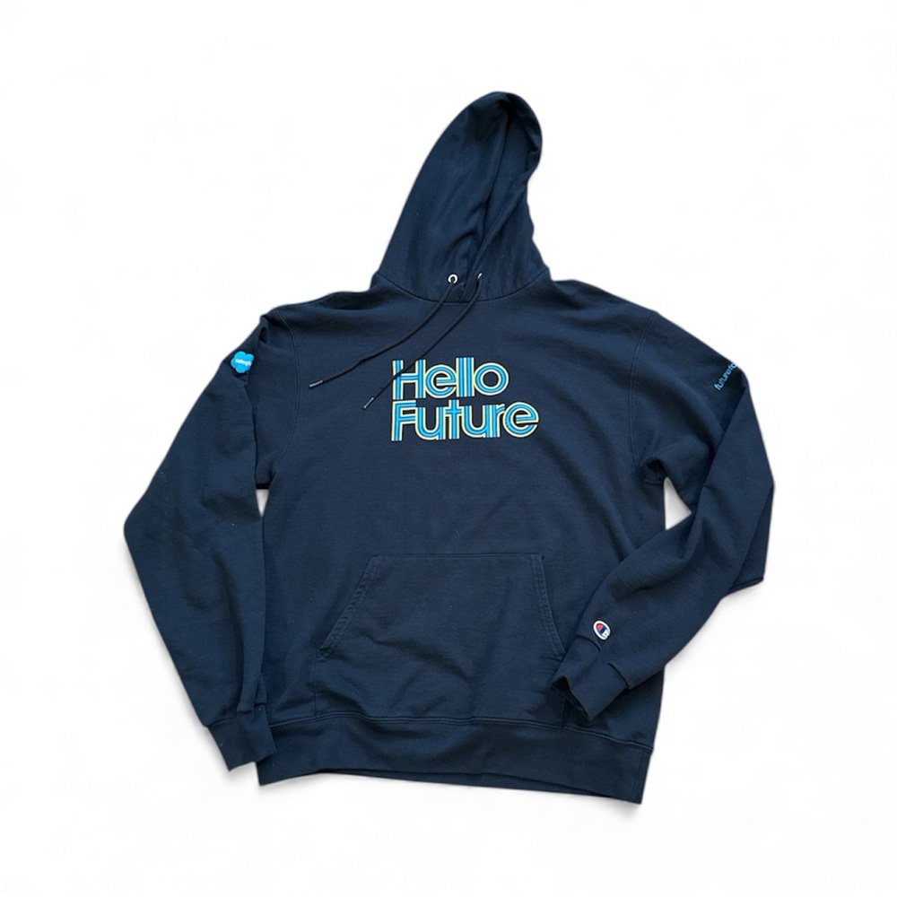 Champion Unisex Navy Hoodie with 'Hello Future' Graphic size Large